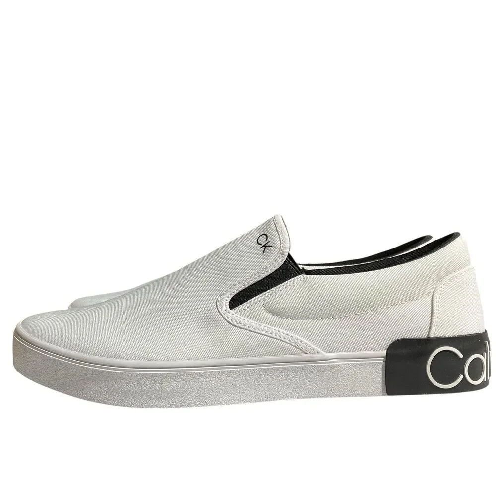 Calvin Klein Slip On Sneakers Mens 13 White Canvas Logo Casual‎ Shoes Coastal